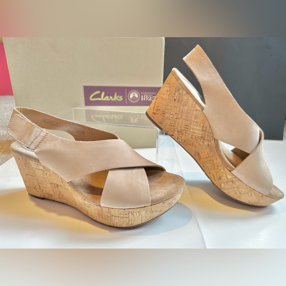 CLARKS Caslynn Shae LEATHER Platform Wedge cork heel sz 9 40 Eur